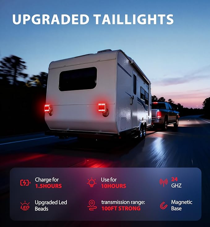 Wireless Bluetooth Magnetic Trailer Lights, Fast Charging LED Trailer Light Kits, IP65 Waterproof10H Battery 100FT Range for Trailer,Truck, RV, Camper,Boat – Brake,Turn,Reverse & Hazard Safety Lights