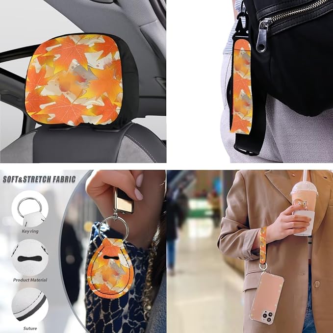 13 PCS Maple Leaf Car Seat Covers, Autumn Maple Leaves Auto Steering Wheel Cover & Seat Belt Covers, Thanksgiving Day Orange Gradient Cup Holder Coaster Keychain