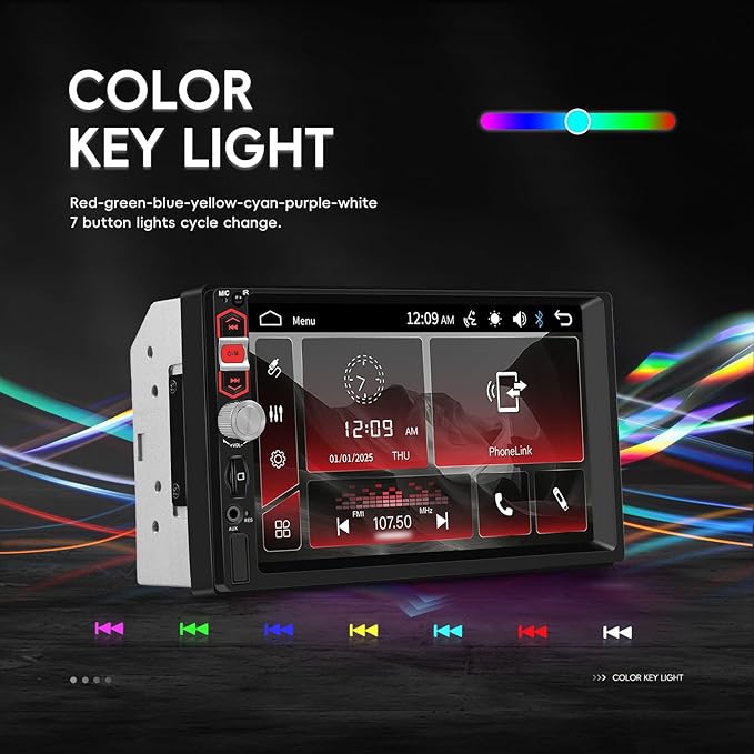 7 inch Touch Screen Double Din Car Stereo with Wired Mirror Link Bluetooth FM EQ Steering Wheel Control 7 Color Light
