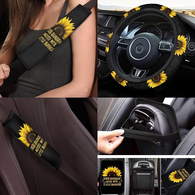 She's Sunshine Sunflower Car Seat Covers Full Sets of 17 Pcs Sunflower Car Accessories Set with Front and Split Rear She's Sunshine Car Floor Mats Seat Belt Cover Pad Universal Fit Car SUV
