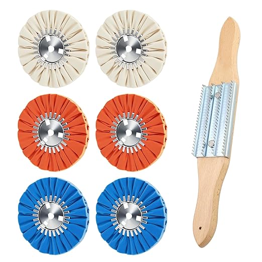 Airway Buffing Wheel Kit 7 PCs (2 White, 2 Orange, 2 Blue, 1 Rake) 8" Diameter 5/8" Arbor Hole 16 Ply for Angle Grinder 7 Pcs
