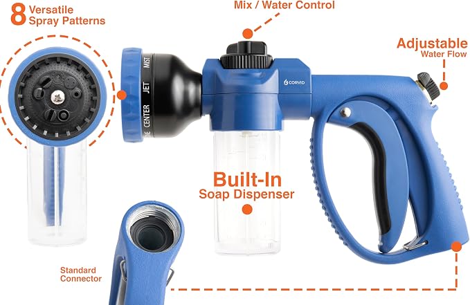 Corvid Adjustable Nozzle with Soap Dispenser, 8-Pattern Spray Hose Nozzle for Cleaning Cars, House, and Pets - Lightweight Plastic Design