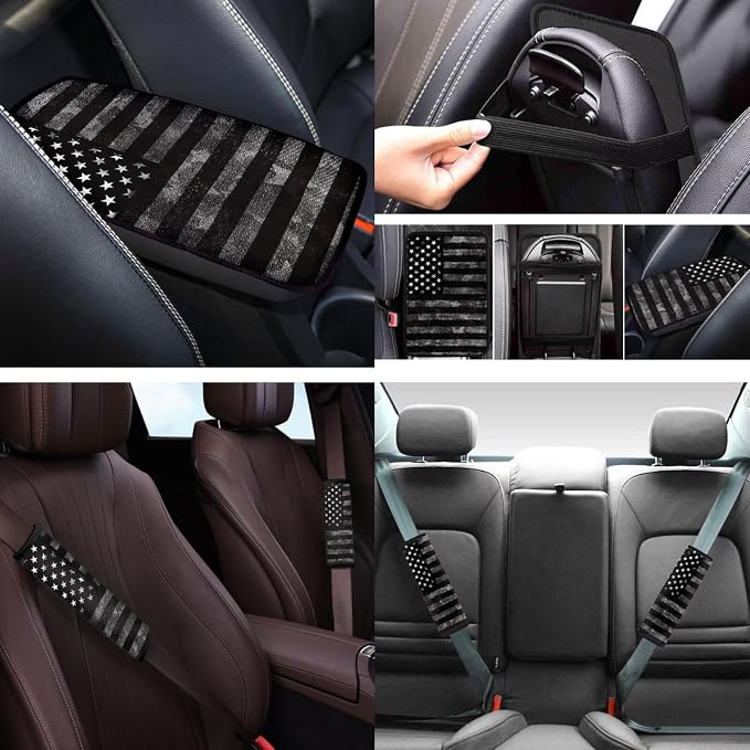 Black American Flag 12 Pcs Car Seat Covers with Steering Wheel Cover,Seat Belt Covers Cup Holder with Keychain Automotive Protector Set Unverisal Fit Cars SUV