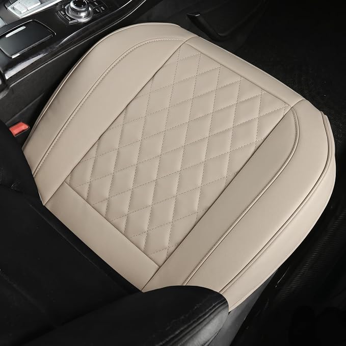 Beige Bottom Seat Cover for Cars Front Seats & Back Bench Full Set, Luxury Faux Leather Automative Seat Cushion Cover, Anti-Slip, Waterproof, Universal Fit