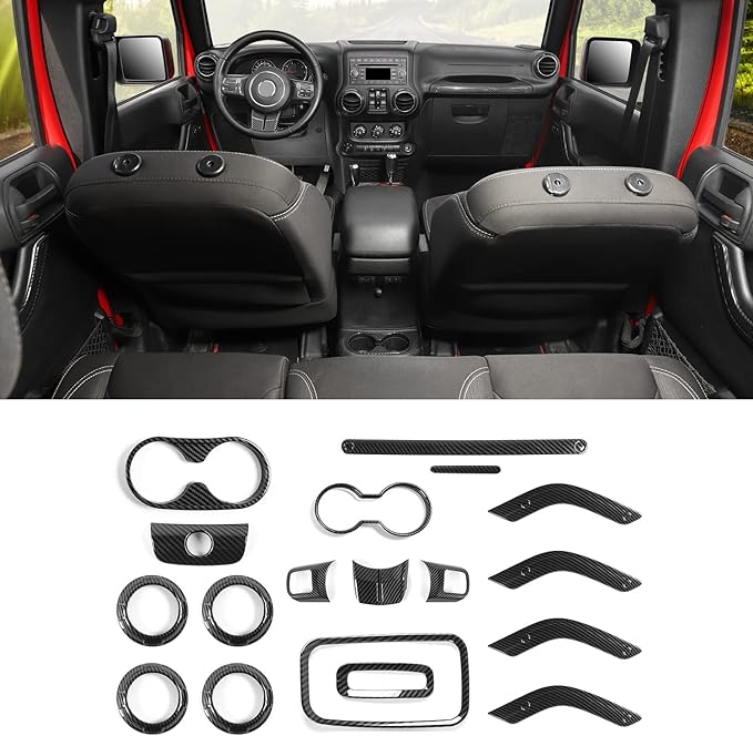 RAZPOY JK 18PCS Interior Trim Kit, Steering Wheel Trim & Gear Shift Cover Air Conditioning Vent Trim Compatible with 2011-2017 Jeep Wrangler JK 4-Door, Carbon Fiber