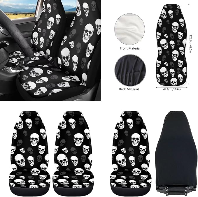 Howilath Black Skull Car Front Seat Cover Set of 10 with Front Seat Cover Split/Keychain/Seatbelt Pads/Steering Wheel Cover/Armrest Cushion/Coasters Fit Sedan Truck Van