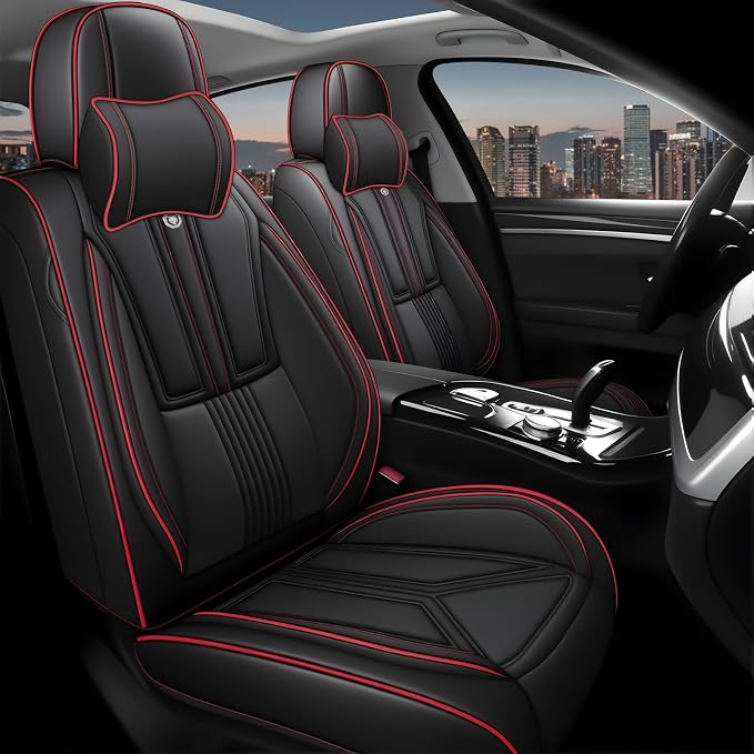 Arazi Fit for 98% of Mazda Seat Covers, 360° Full Wrap Original Seat Cover, Waterproof Nappa Leather Seat Covers with Big Space Storage Pocket Seat Protector（2 Seats Luxury, Black&Red Line）