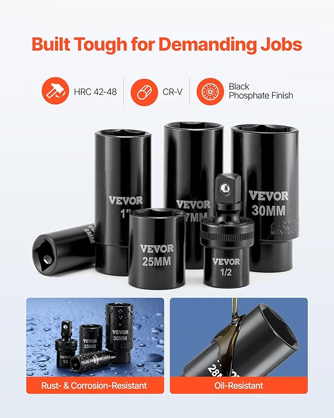 VEVOR 91-Piece 1/2" Drive Impact Socket Set, SAE (5/16" to 1-1/4") & Metric (8 to 32 mm), CR-V, Deep & Shallow, 6 Point, Ratchet Handle, Universal Joint, Adapters, Extension Bars (3, 5, 10 in)
