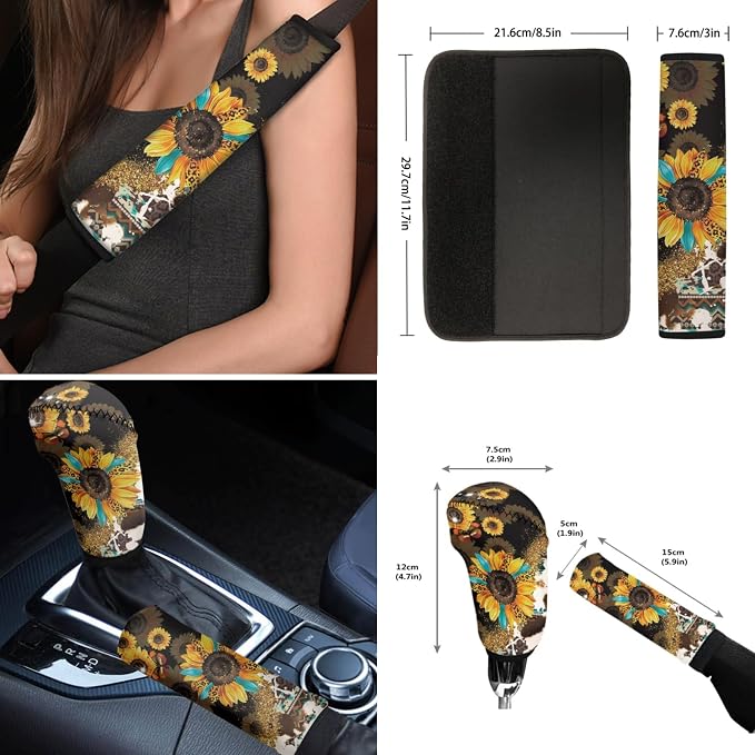 Wanyint Sunflower Aztec Leopard Cow Print Car Seat Cover Set 12 PCS, Front Back Car Seat Covers Steering Wheel Cover Armrest Pad Handbrake Cover Gear Shift Cover Seat Belt Pads Coasters Auto Decor