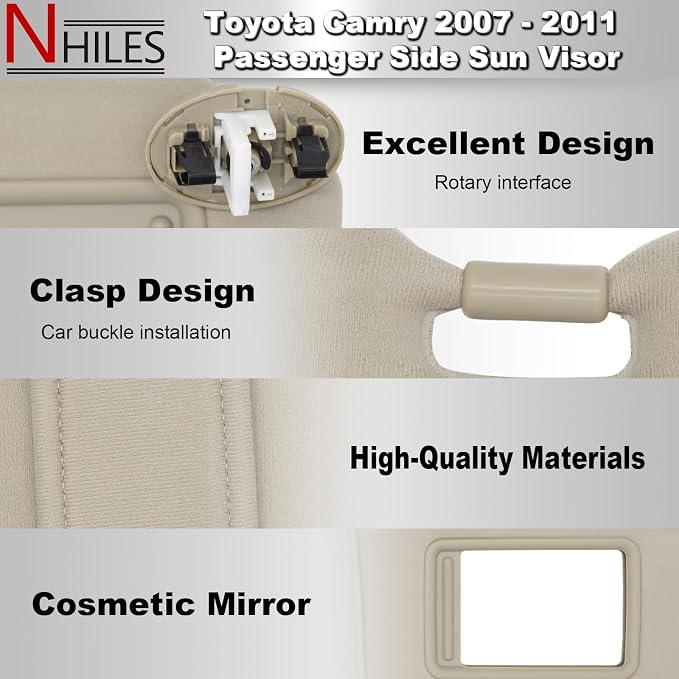 NHILES Right Passenger Side Sun Visor Fits for Toyota Camry 2007 2008 2009 2010 2011 Replacement Sun Shade with Light # 74310-33F30-E0 (Beige)