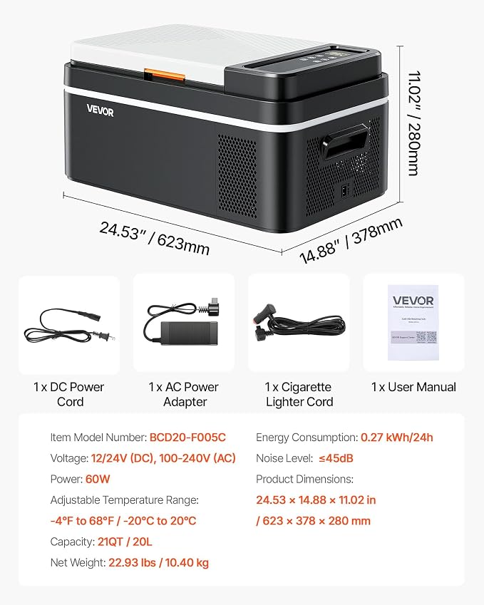 VEVOR Car Refrigerator, DC 12/24V AC100-240V Compressor Electric Cooler, -4°F to 68°F Car Fridge with APP Control, 21 QT Cars Freezer for RVs, Campsites, Boats, Camping, Fishing, 60W Portable Freezer
