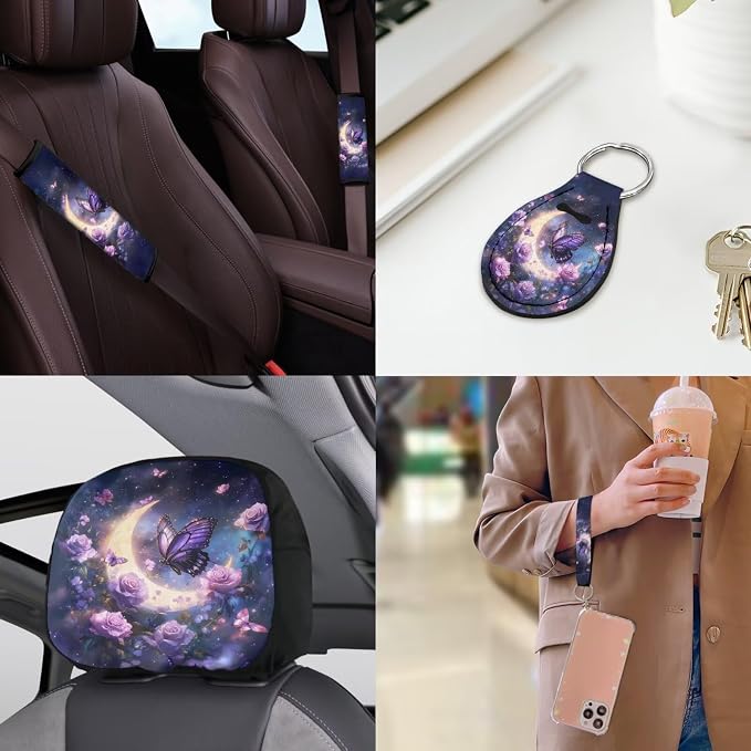 Butterfly Moon Car Accessories Full Set 18 Pieces Butterfly Flower Car Seat Covers Full Set Universal Car Seat Belt Pads Cover Car Headrest Covers Cup Coasters Keychain Car Trash Can