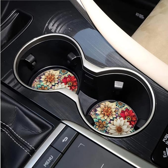 BIGCARJOB Hippie Lotus Print Car Seat Covers Set 15 Pieces Blossom Flower Seat Headrest Cover Universal Steering Wheel Cover Car Trash Can Hanging Car Interior Accessories Set