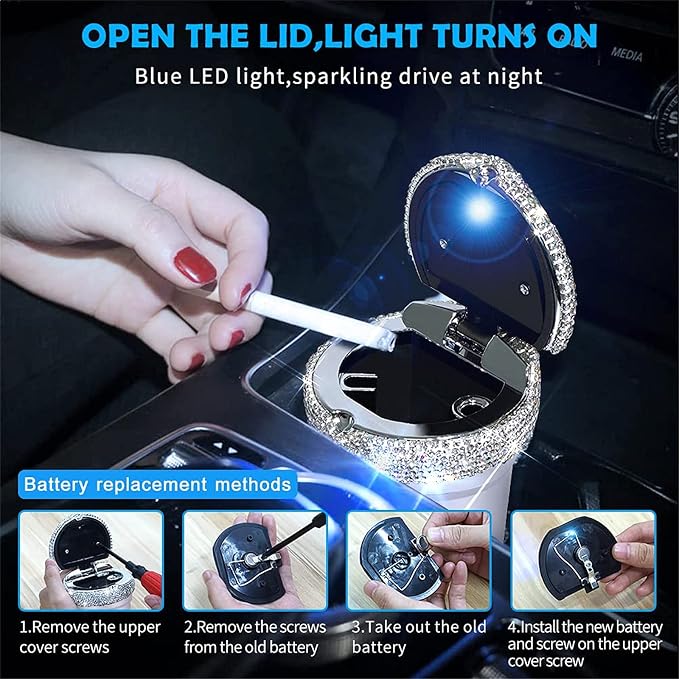 eing Car Ashtray Portable Bling Cigarette Smokeless Cylinder Cup Holder with Blue LED Light Indicator and 2 Replacement Batteries,Car Accessories for Women,Ideal for Car,Home and Office,1-Pack Silver