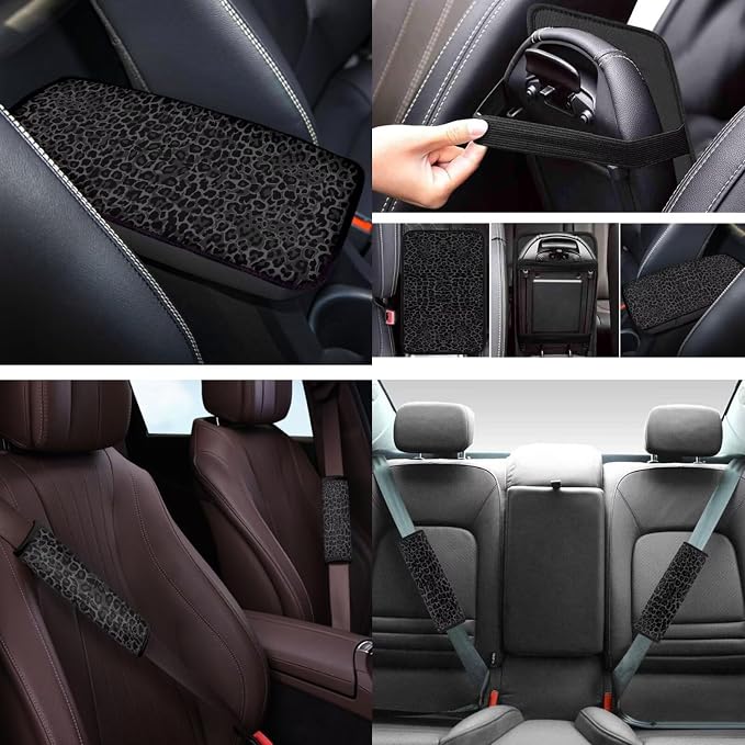 Black Leopard Print 12Pcs Car Seat Covers Full Set Car Seat Belt Cover Steering Wheel Cover Armrest Cushion Cup Coasters and Keychain Holder Suitable for Most Cars,SUV