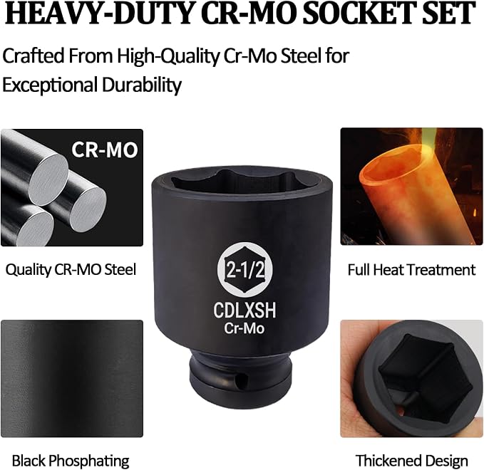 3/4" Drive Impact Socket Set, 8 PCS Heavy Duty Large SAE Socket Set | Standard 6-Point Jumbo SAE Sockets Sizes 2-1/16" to 2-1/2", Cr-Mo Steel, Overall Heat Treatment for Heavy Duty Use
