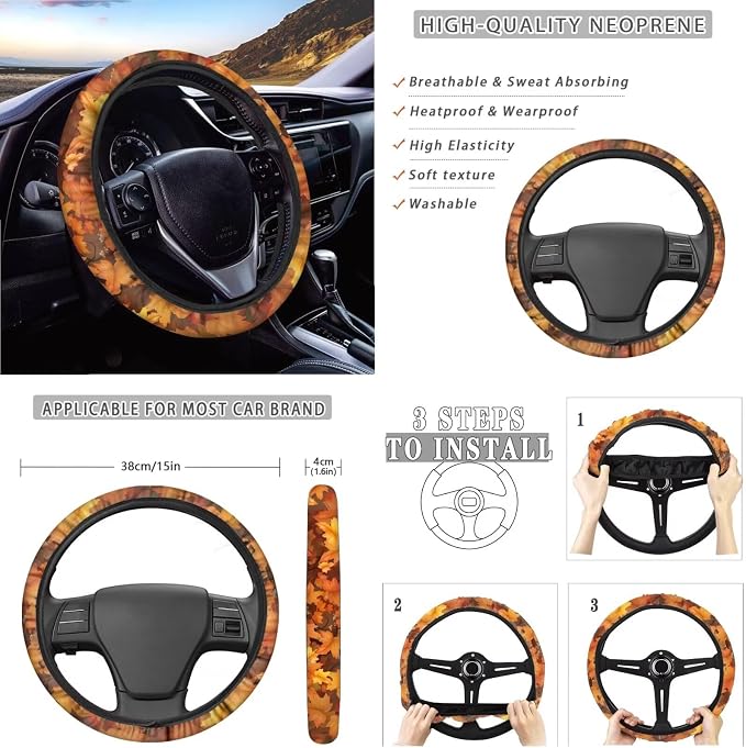 Suobstales Rooster Chicken Maple Leaves Print Car Accessories Car Seat Covers Full Set Interior Cover Thanksgiving Decor Seat Protectors with Steering Wheel Cover, Seat Belt Pads, Coaster, Keychains