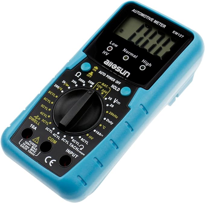ALLOSUN EM127 Digital Automotive Meter Digital Multimeter RPM Dwell Angel Ignition System Test Duty Cycle Measurement 1999 Reading LCD DCV DC Resistance Measure