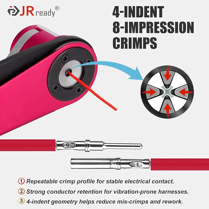 JRready ACT-DT1 Deutsch Crimp Tool Turret-Style (HDT-48-00 Equivalent) for DT/DTM/DTP Connectors Size 12/16/20 Solid Contacts (12-22AWG), 4-Indent 8-Impression Ratcheting Crimper