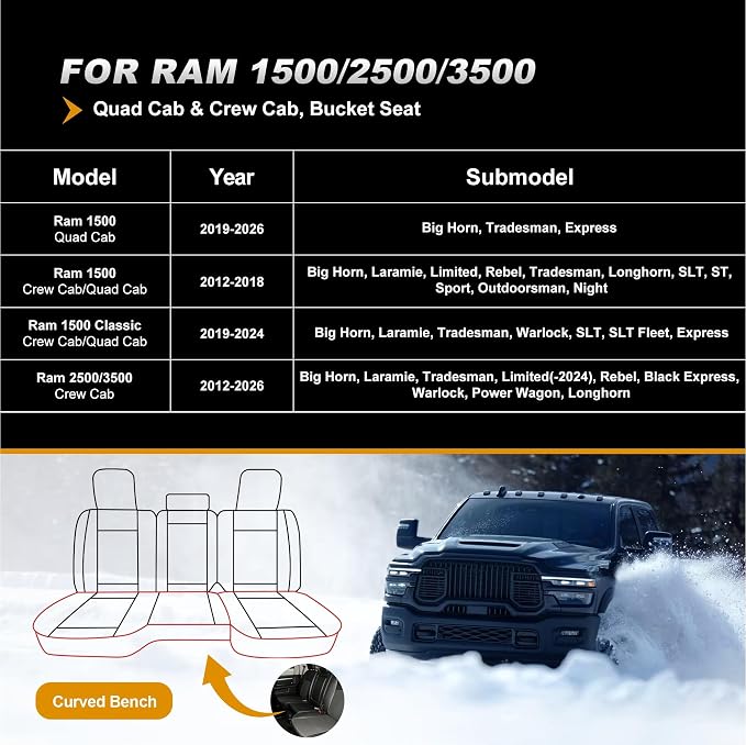 TTX LIGHTING Seat Covers Fit for Dodge RAM : 2002-2025 2026 Compatible with RAM 1500 2500 3500 Crew Quad Regular Cab Full Set Seat Covers Truck Pickup Car Seat Covers(5 Seats, Redline, Curved Bench)