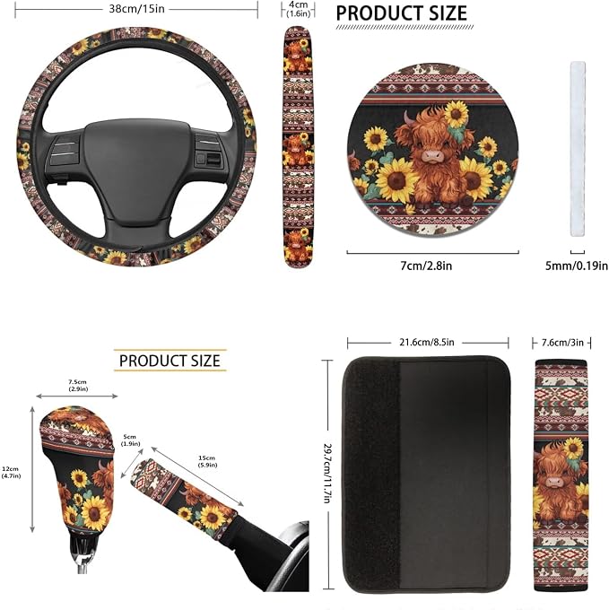 Tupalatus Boho Highland Cow 9 Pcs Car Seat Covers Front Set for Women Breathable Steering Wheel Cover Seat Belt Pads Cover Coasters Gear Shift Hoodie Handbrake Cover Car Accessories