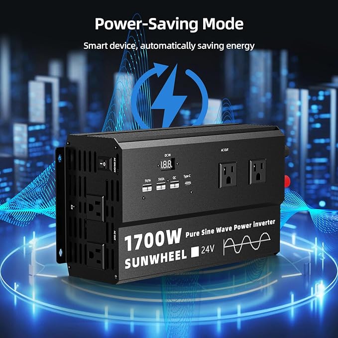 SUNWHEEL 1700W 24V Pure Sine Wave Inverter, 24V DC to 110V/120V AC Power Inverter for RV、Off Grid、Truck、Power Outage with 4 AC outlets and LCD Display