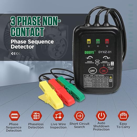 Phase Rotation Meter 3 Phase Sequence & Motor Rotation Tester, Non Contact Voltage Tester Short Detection 70V~600V AC Live Wire Inspection, with 23.62inch Cable Length,Carrying Bag
