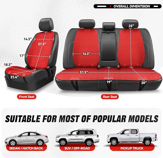 Auto Dynasty Car Seat Covers Full Set, Anti-Slip Automotive Interior Covers, Breathable and Comfort Car Seat Protectors, Airbag Compatible, Universal Fit Most Vehicles, Red (Protex Series)