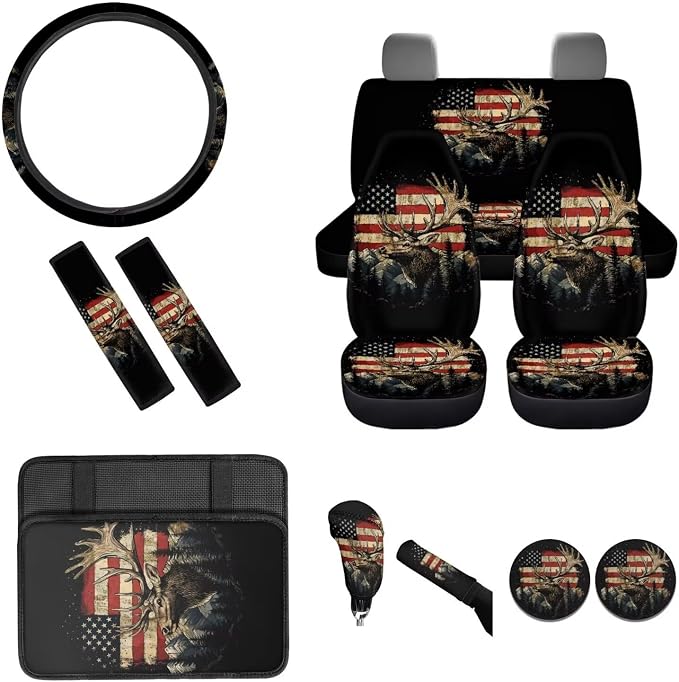 BIGCARJOB American Flag Seat Covers Full Set for Car Universal Auto Front Rear Seat Protector 12 Pcs Elk Steering Wheel Covers,Armrest Pads,Seat Belt Pads