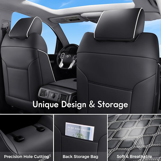 Huidasource for Toyota Tundra Seat Cover, Nappa Leather Truck Seat Cover, 360° Full-Coverage Toyota Seat Covers 2014-2021 CrewMax, Compatible with Armrest Airbags (Full Set/Black＆White)