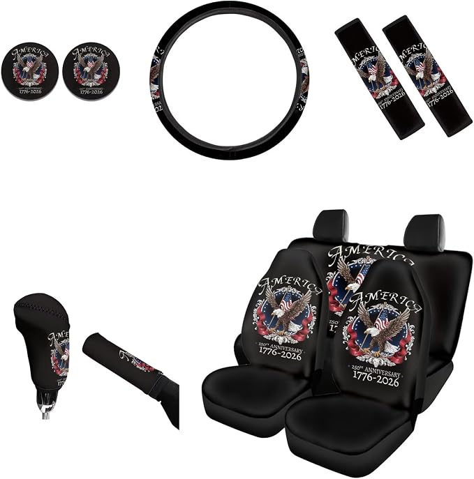 AFPANQZ Eagle 250 Years Print Car Front Seat & Rear Bench Covers + Steering Wheel Cover 15" + Gear Shift Knob Cover + Car Handbrake Cover + Seat Belt Shoulder Pads + Car Coaster Set of 11