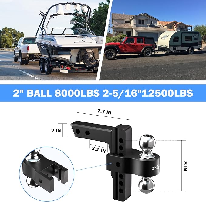 Adjustable Trailer Truck Drop Hitch - Fits 2 Inch Receiver Only, 8 Inch Drop Dual Ball Mount 2" and 2-5/16" Up to 12,500 LBS GTW, Heavy Duty Aluminum Towing Hitch with 2 Hitch Locks & 4 Silencer Pads