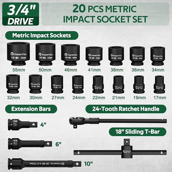 3/4 Inch Drive Impact Socket Set, 20 Pcs Metric 17mm to 55mm | Heavy Duty CR-MO Steel, 24T Ratchet Wrench, 18" Sliding T-Bar & Extension Bars, Metal Storage Case for Truck, Tractor Repair