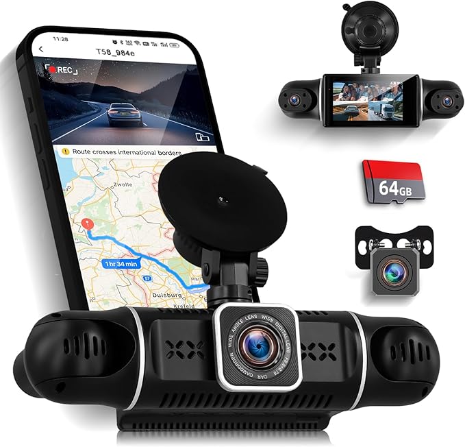 NHOPEEW 4 Channel Dash Cam 360° Coverage: Front 2K + Triple 1080P Car Camera Built-in WiFi Car Camera with App, Front Rear Left Right Inside with G-Sensor/Night Vision/Loop Recording + 64GB Card