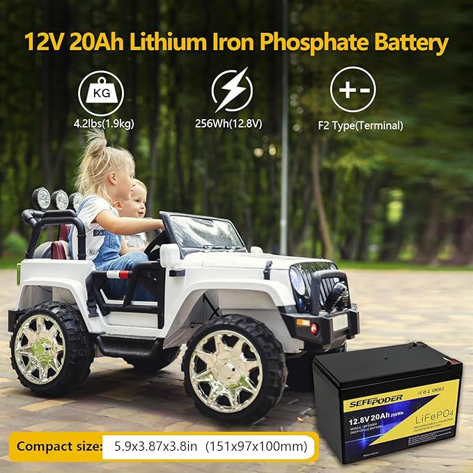 SEFEPODER 12V 20Ah Lithium LiFePO4 Deep Cycle Battery, 4000 Cycles Rechargeable Battery for Electric Scooter, Ride On Toy, Lighting, Power Wheel, Fish Finder and More with Built-in 40A BMS