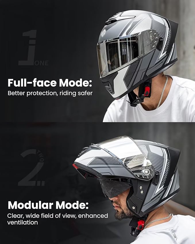ILM Modular Motorcycle Helmet for Adults Full Face Flip up Riding with Dual Visor Street Bike Racing DOT Model MM966 (Black White, XL)