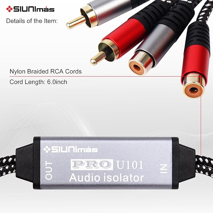 Pro U101 Mini RCA Passive Ground Loop Noise Isolation Box Build-in Nylon Braided Cords Audio Noise Filter for Home/Car/Official Audio Playing Systems Hum/Buzzing Problems