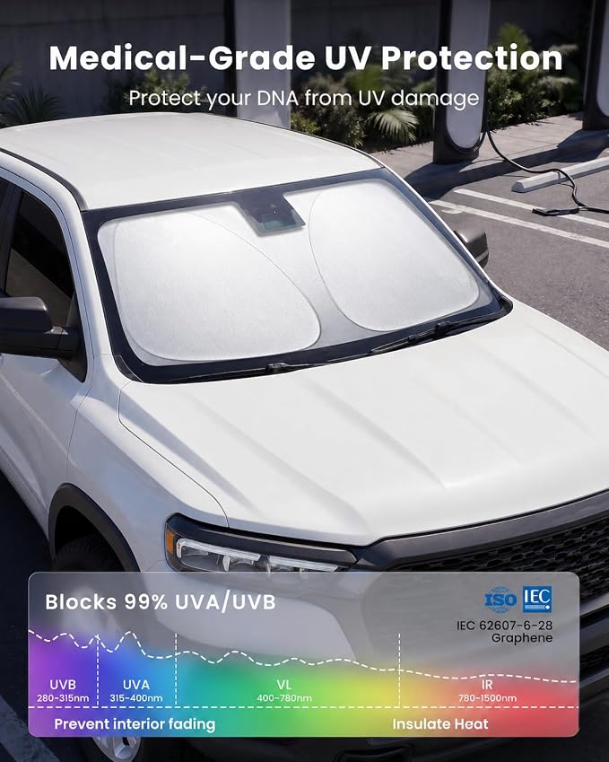 REEVAA 2026 3rd Pro Windshield Sunshade for 2019-2026 Dodge Ram 1500 | Dual-Layer Heat & Sun Defense, OEM Design | Foldable Sun Shade Car Accessories with Storage Bag