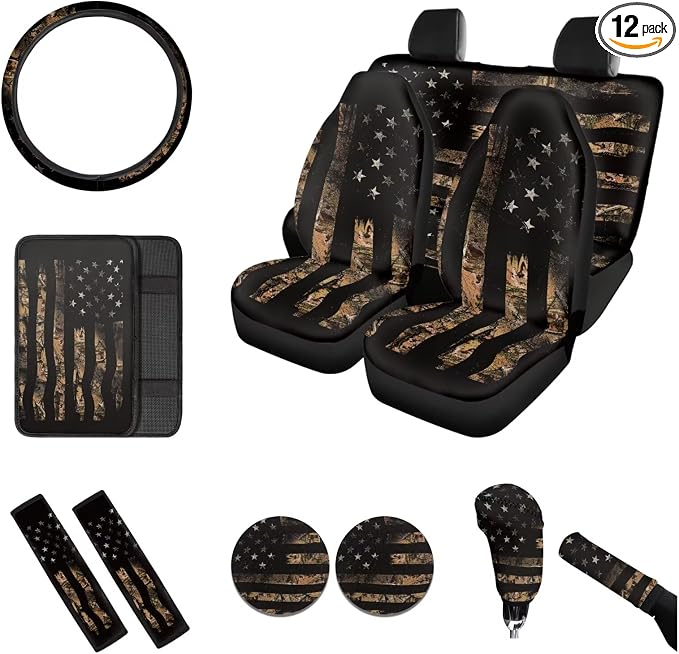 Pcs USA Flag Camo Car Seat Covers Full Set, Auto Seat Covers Set Patriotic Steering Wheel Cover Car Coasters Seat Belt Pads Car Center Console Pad Handbrake Cover for Cars Trucks SUVs