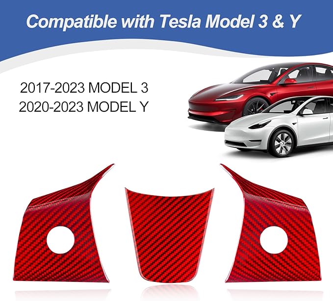 T-carbon Real Glass Fiber Steering Wheel Trim Cover Compatible with Tesla Model 3 2017-2023, Model Y 2020-2025 Steering Wheel Wrap Interior Decorative Accessories, Red