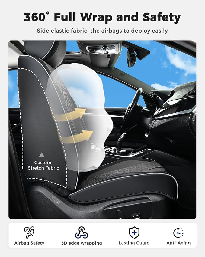Huidasource Automotive Seat Covers, Nappa Leather Seat Covers Leather with Velcro Adjustable, Airbag, Lumbar Support, Cooling＆Heating, Waterproof Seat Covers Fit for Most Cars SUV Trucks, Black＆Gray