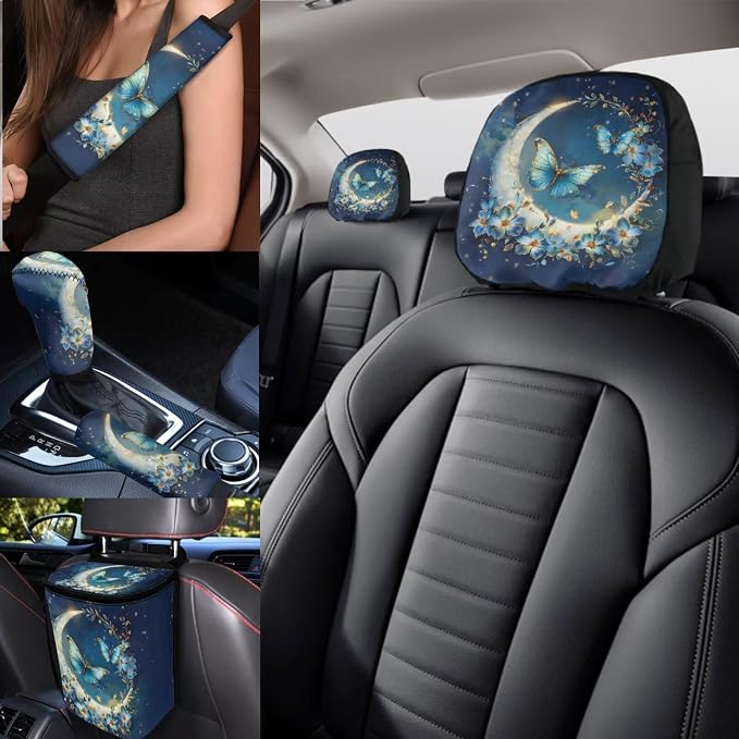 Blue Butterfly Car Accessories Set 17 Pack,Moon Car Seat Covers Full Set with Front and Rear,Headrest Covers,Steering Wheel Covers,Rear View Mirror Cover,Handbrake Sleeve Cover Key Chain