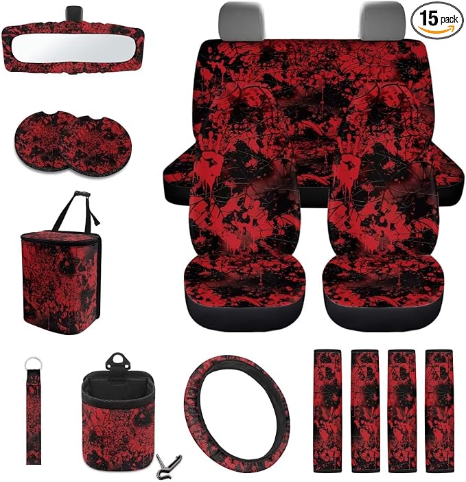 Wanyint Bloody Print Cobweb Car Seat Cover Split Covers for Women Men, Car Steering Wheel Cover Seat Belt Pads Trash Bin Mount Phone Holder Rearview Mirror Cover Cup Holder Wrist Key Chain, 15 PCS Set