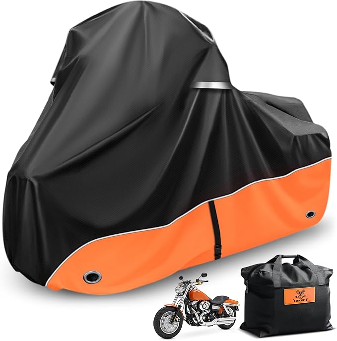 Motorcycle Cover 420D Heavy Duty All-Season Weatherproof Outdoor Protective Cover, Featuring Ventilation Holes & Night Reflective, 96" XXL Vehicle Cover/Black Orange