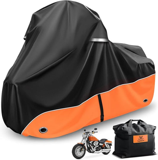 Motorcycle Cover 420D Heavy Duty All-Season Weatherproof Outdoor Protective Cover, Featuring Ventilation Holes & Night Reflective, 96" XXL Vehicle Cover/Black Orange
