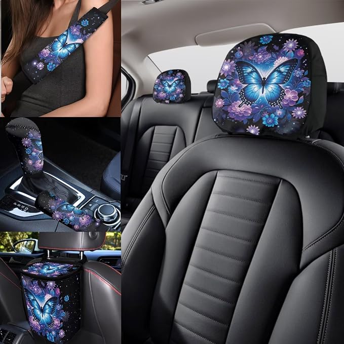 17 Pieces Blue Butterfly Car Seat Covers Sets Full Set with Front and Split Rear Bench Steering Wheel Cover,Butterflies Car Accessories for Women,Auto Seat Belt Cover,Car Headrest Cover