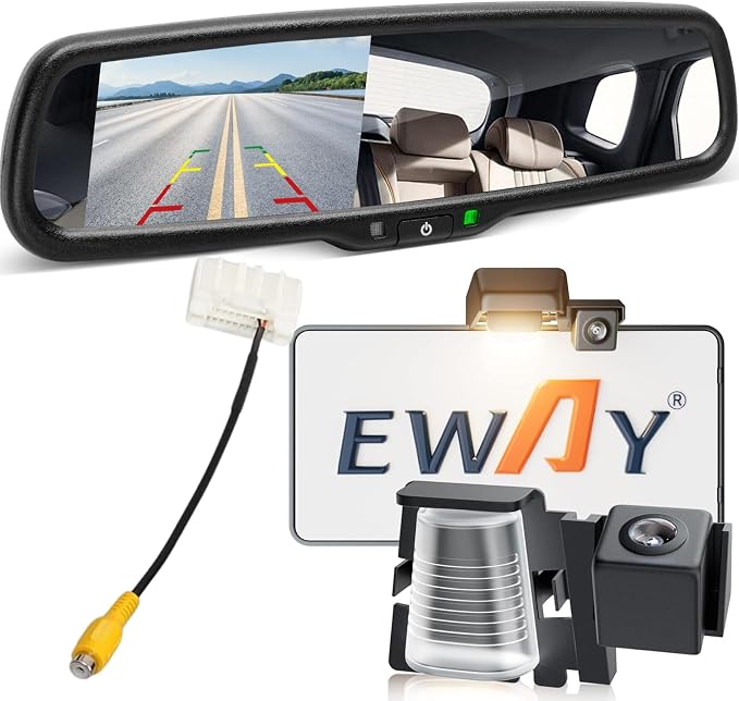 EWAY 4.3" LCD Mirror Monitor License Plate Mount Backup Reverse Camera for Jeep Wrangler JK JKU Rear View Cameras 2007-2018 Rearview Reversing Interior Mirror Replacement