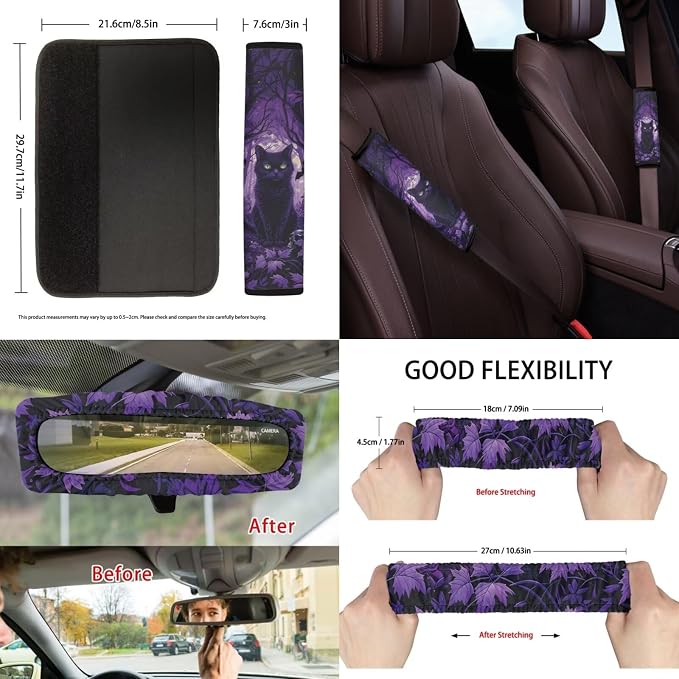 Suobstales Cat Bat Maple Leaves Print Car Seat Covers Haloween Decor Steering Wheel Cover Full Set/Seat Belt Cover/Auto Trash Can/Rearview Mirror Cover/Coasters/Keyrings Car Accessories 13 Pack