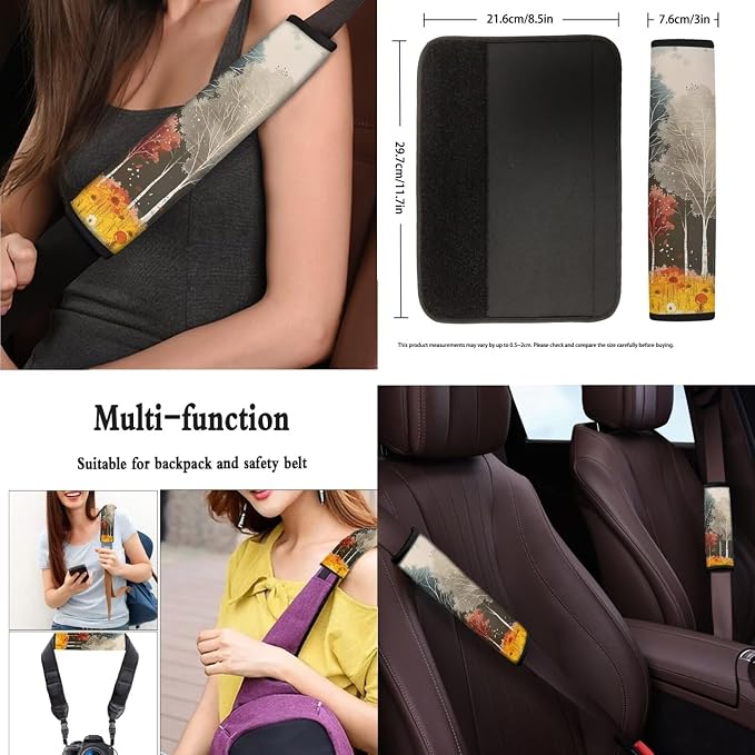 Retro Forest 13 PCS Car Seat Covers Full Set Vintage Hand Drawn Forest Car Front Back Seat Cover Daisy Flower Steering Wheel Cover Belt Shoulder Fit Auto SUV Trucks