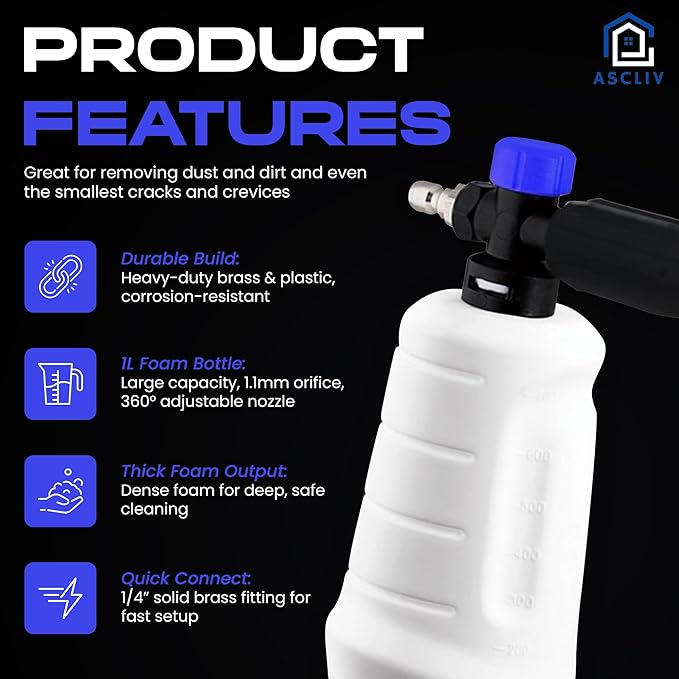 Adjustable Pressure Washer Gun, Snow Foam Gun 3000 PSI Cannon Foam Blaster, 1/4" Quick Connector, 5 Nozzle Tips, 1L Car Wash Foam Cannon